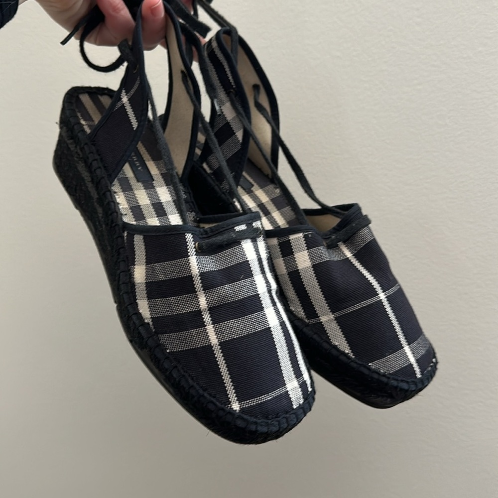 Burberry Black and White Plaid Espadrille Wedges